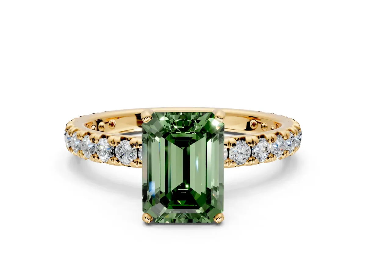 Solitaire Engagement Ring Setting for Fancy Green Emerald Cut Center with Shared-Prong Accents and Prong Head in Yellow Gold