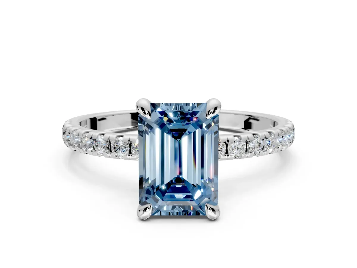 Solitaire Engagement Ring Setting for Fancy Blue Emerald Cut Center with Fine Pave Narrow Band and Prong Head in White Gold