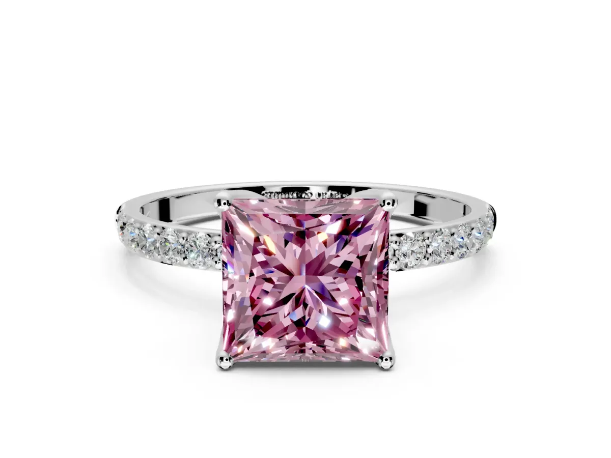 Solitaire Engagement Ring Setting for Fancy Pink Princess Cut Center with Fine Pave Accents and Prong Head in White Gold