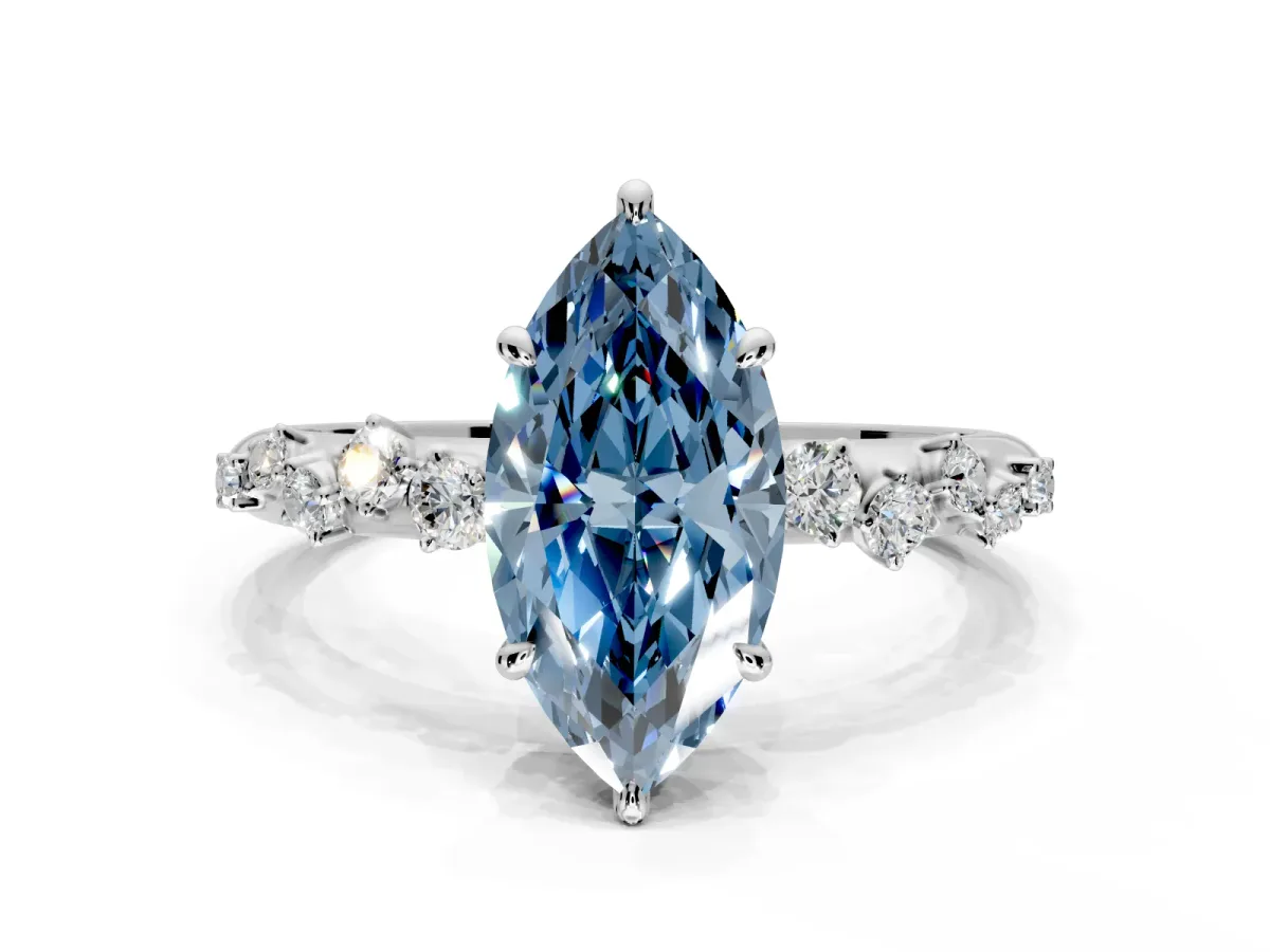 Cluster Engagement Ring Setting for Fancy Blue Marquise Center with Round Cut Accent Band and Prong Head in White Gold