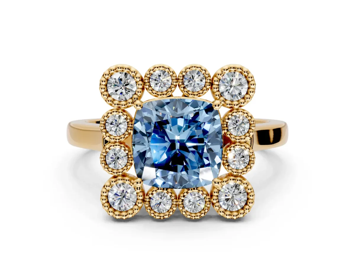 Cluster Halo Engagement Ring Setting for Fancy Blue Cushion Cut Center with Milgrain Bezel Accents and Prong Head in Yellow Gold