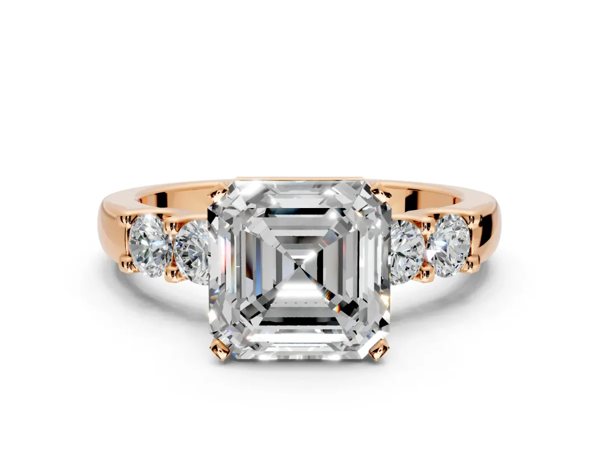 5 Stone Engagement Ring Setting for Asscher Cut Center with Plain Band and Prong Head in Rose Gold