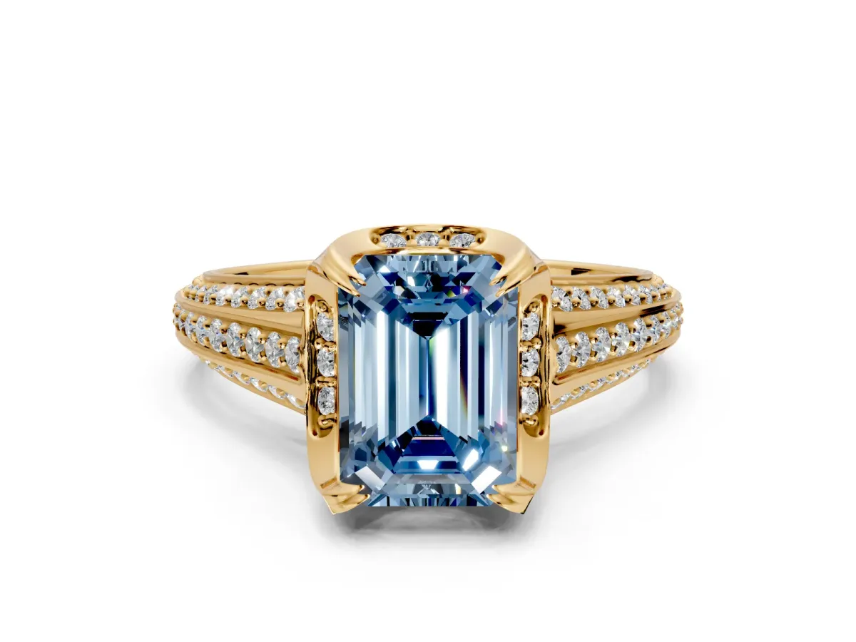 Solitaire Engagement Ring Setting for Fancy Blue Emerald Cut Center with Accented Split Shank and Prong Head in Yellow Gold