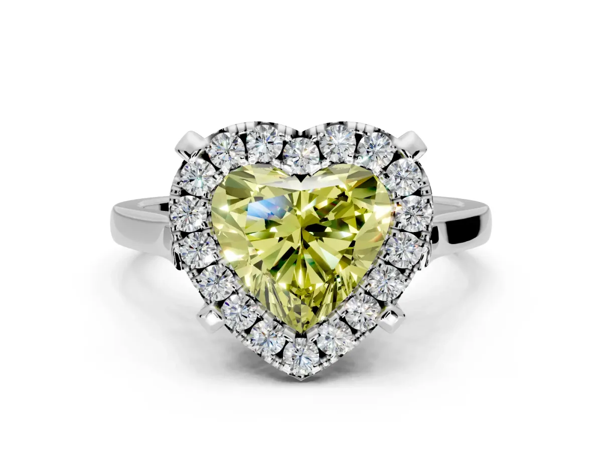 Single Halo Engagement Ring Setting for Fancy Yellow Heart-Shaped Center with Corner Claws, Plain Band and Prong Head in Sterling Silver