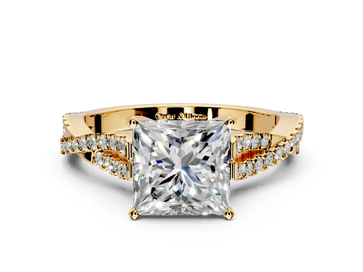 Solitaire Engagement Ring Setting for Princess Cut Center with Twisted Pave Split Shank and Prong Head in Yellow Gold