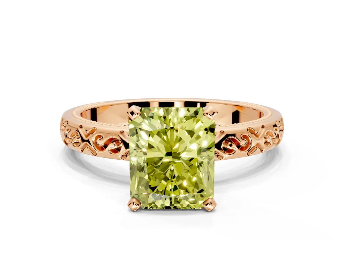 Solitaire Engagement Ring Setting for Fancy Yellow Radiant Cut Center with Scrollwork Band and Prong Head in Rose Gold