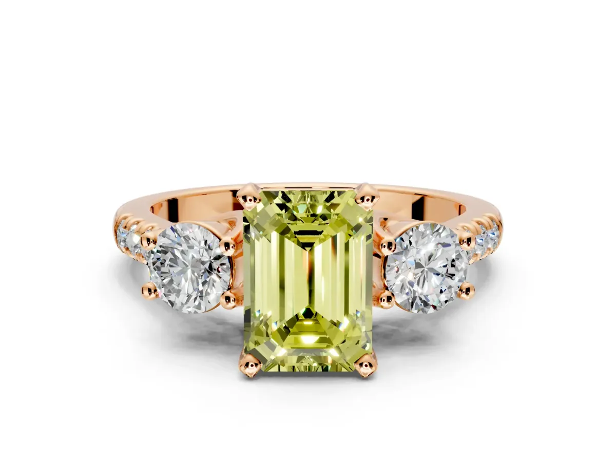 3 Stone Engagement Ring Setting for Fancy Yellow Emerald Cut Center with Crossover Basket, Pave Band and Prong Head in Rose Gold