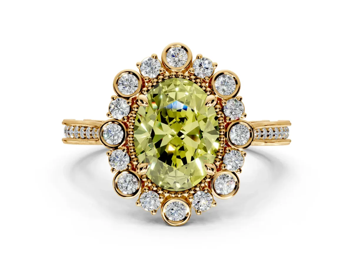 Milgrain Halo Engagement Ring Setting for Fancy Yellow Oval Center with Bezel Point Accents and Prong Head in Yellow Gold