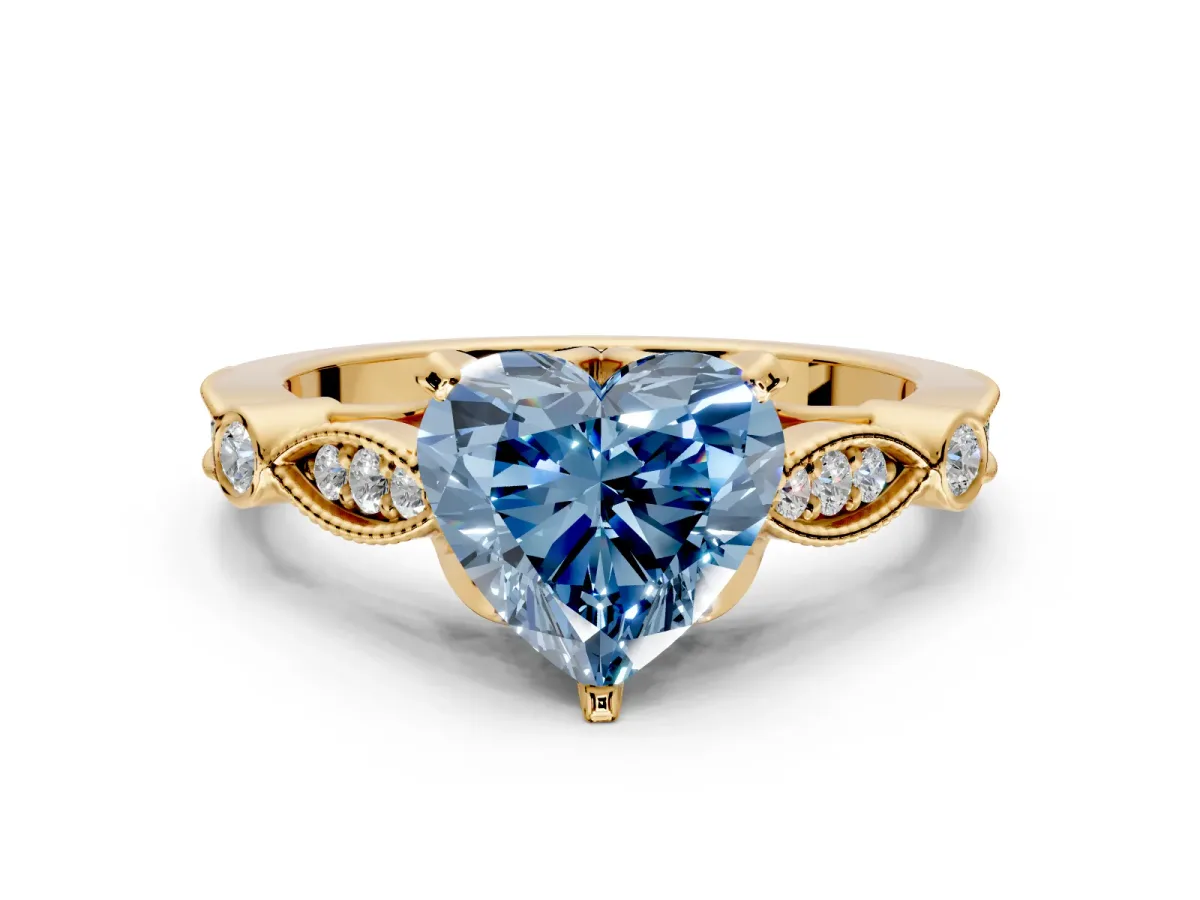 Solitaire Engagement Ring Setting for Fancy Blue Heart-Shaped Center with Marquise and Bezel Accents and Prong Head in Yellow Gold