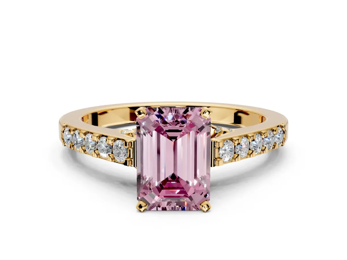 Solitaire Engagement Ring Setting for Fancy Pink Emerald Cut Center with Crossover Accents and Prong Head in Yellow Gold