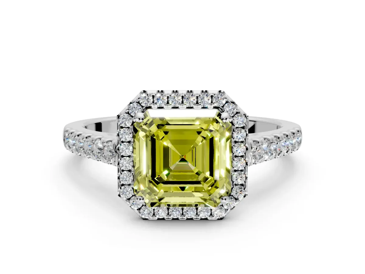 Halo Engagement Ring Setting for Fancy Yellow Asscher Cut Center with Narrowing Pave Band and Prong Head in Platinum