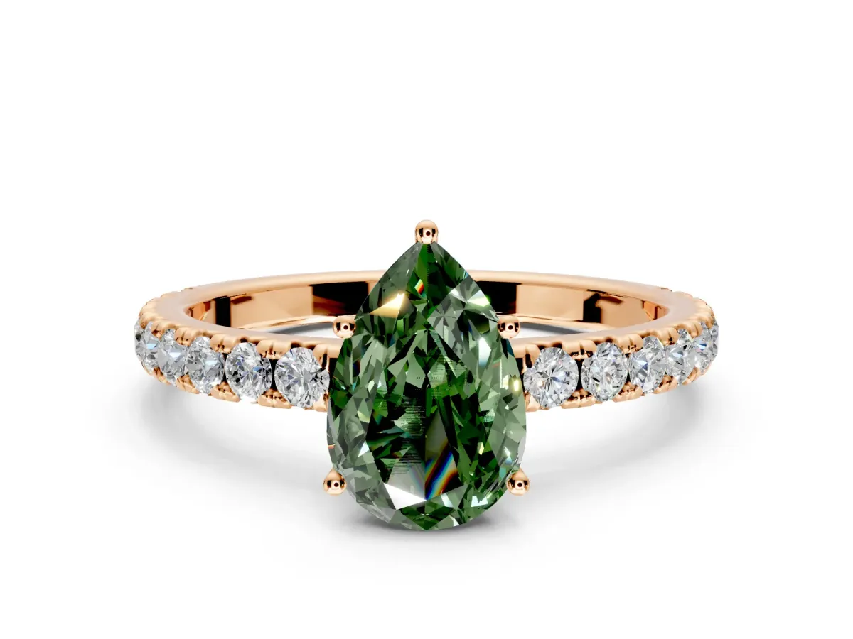 Solitaire Engagement Ring Setting for Fancy Green Pear-Shaped Center with Large Accent Band and Prong Head in Rose Gold