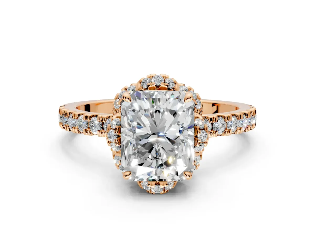 Halo Engagement Ring Setting for Radiant Cut Center with Openwork Halo, Pave Band and Prong Head in Rose Gold