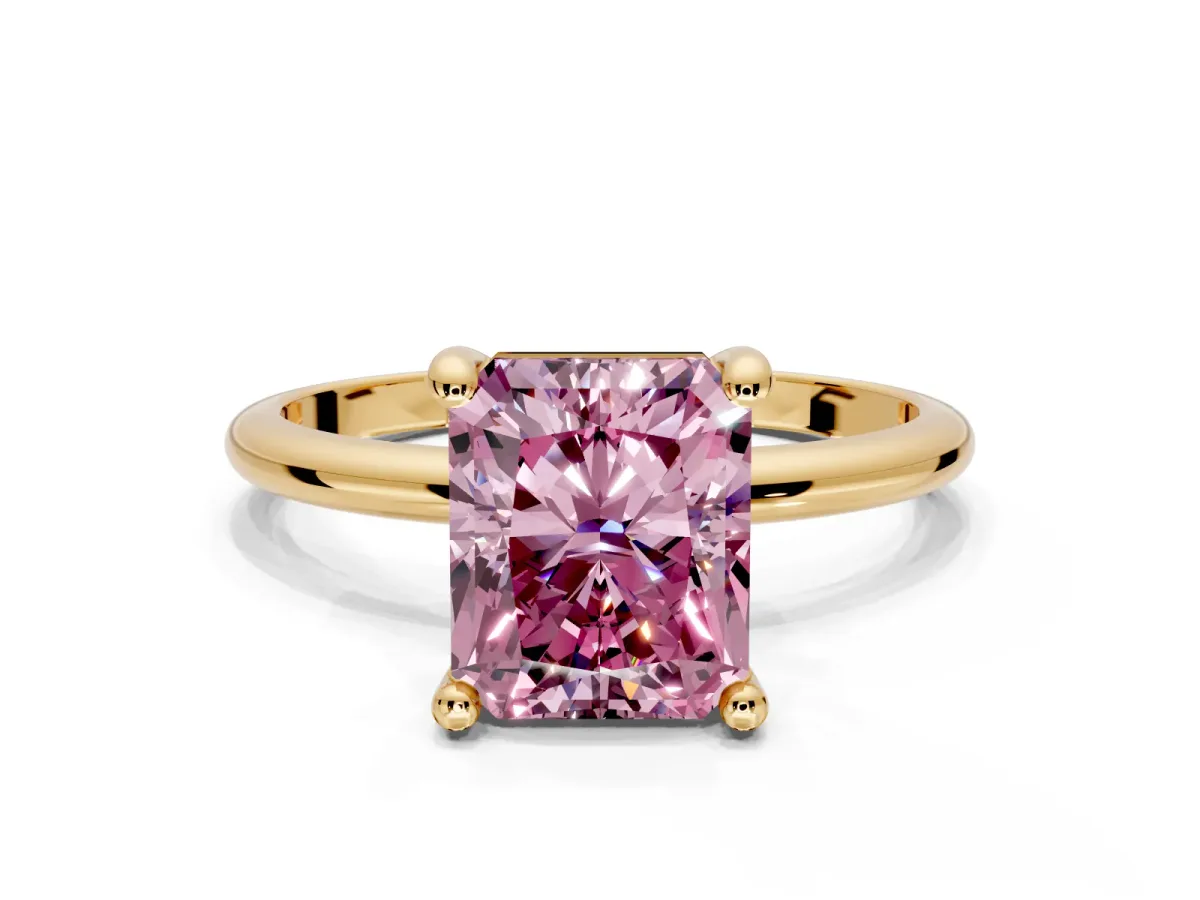 Minimalist Solitaire Engagement Ring Setting for Fancy Pink Radiant Cut Center with Thin Band and Prong Head in Yellow Gold