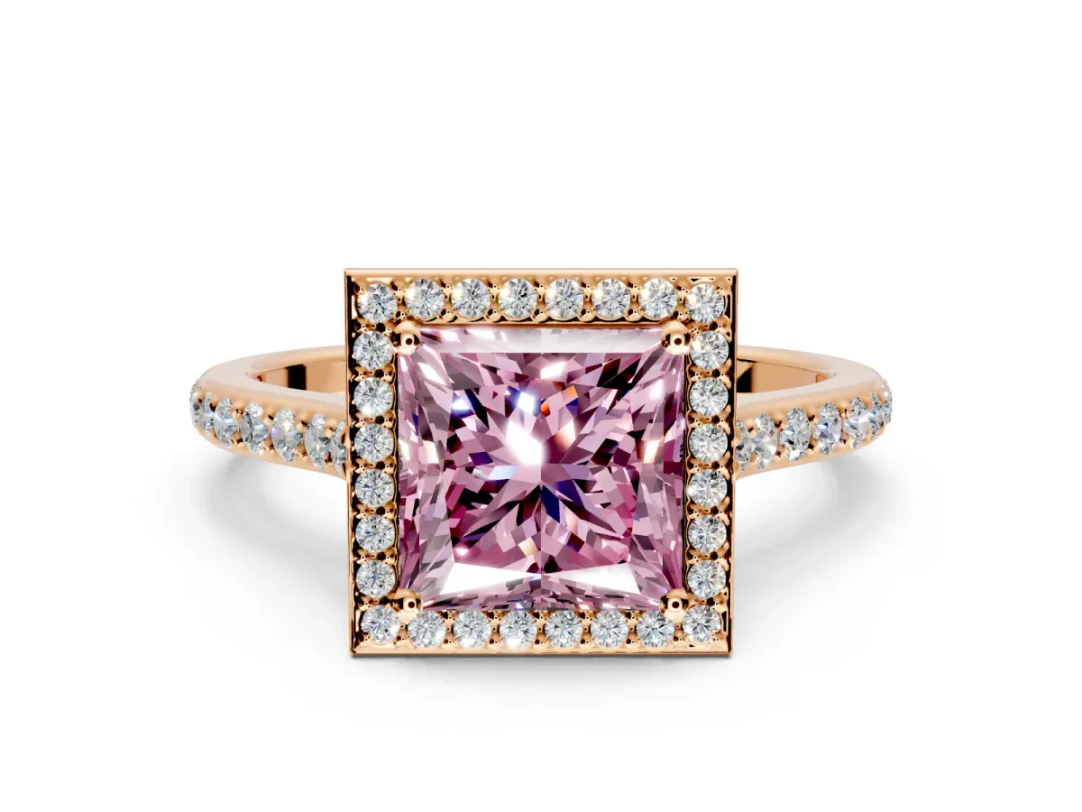 Halo Engagement Ring Setting for Fancy Pink Princess Cut Center with Pave Accents, Heart Basket and Prong Head in Rose Gold