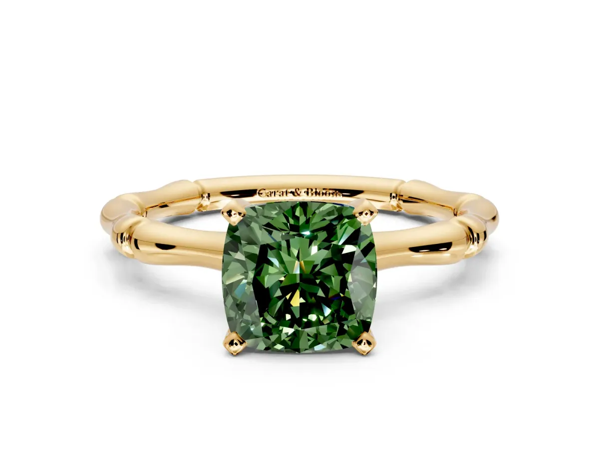 Solitaire Engagement Ring Setting for Fancy Green Cushion Cut Center with Bamboo Band and Prong Head in Yellow Gold