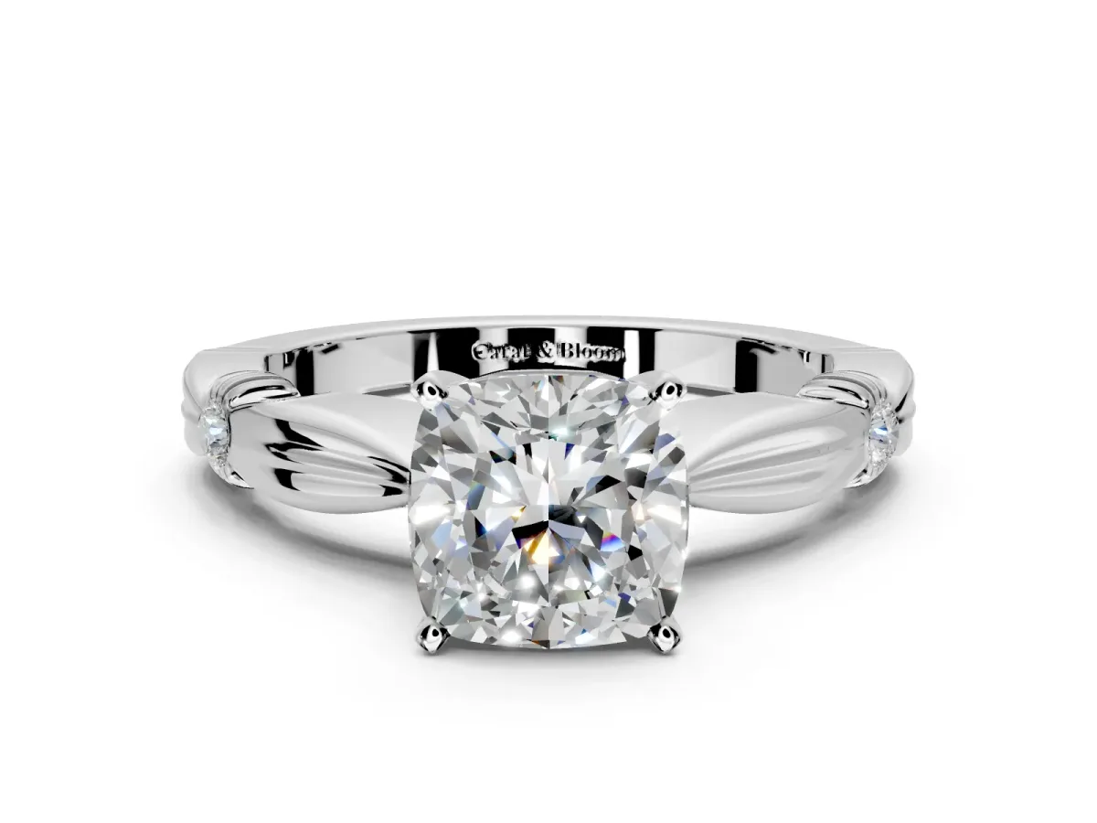 Solitaire Engagement Ring Setting for Cushion Cut Center with Carved Leaf Shoulders and Prong Head in Platinum