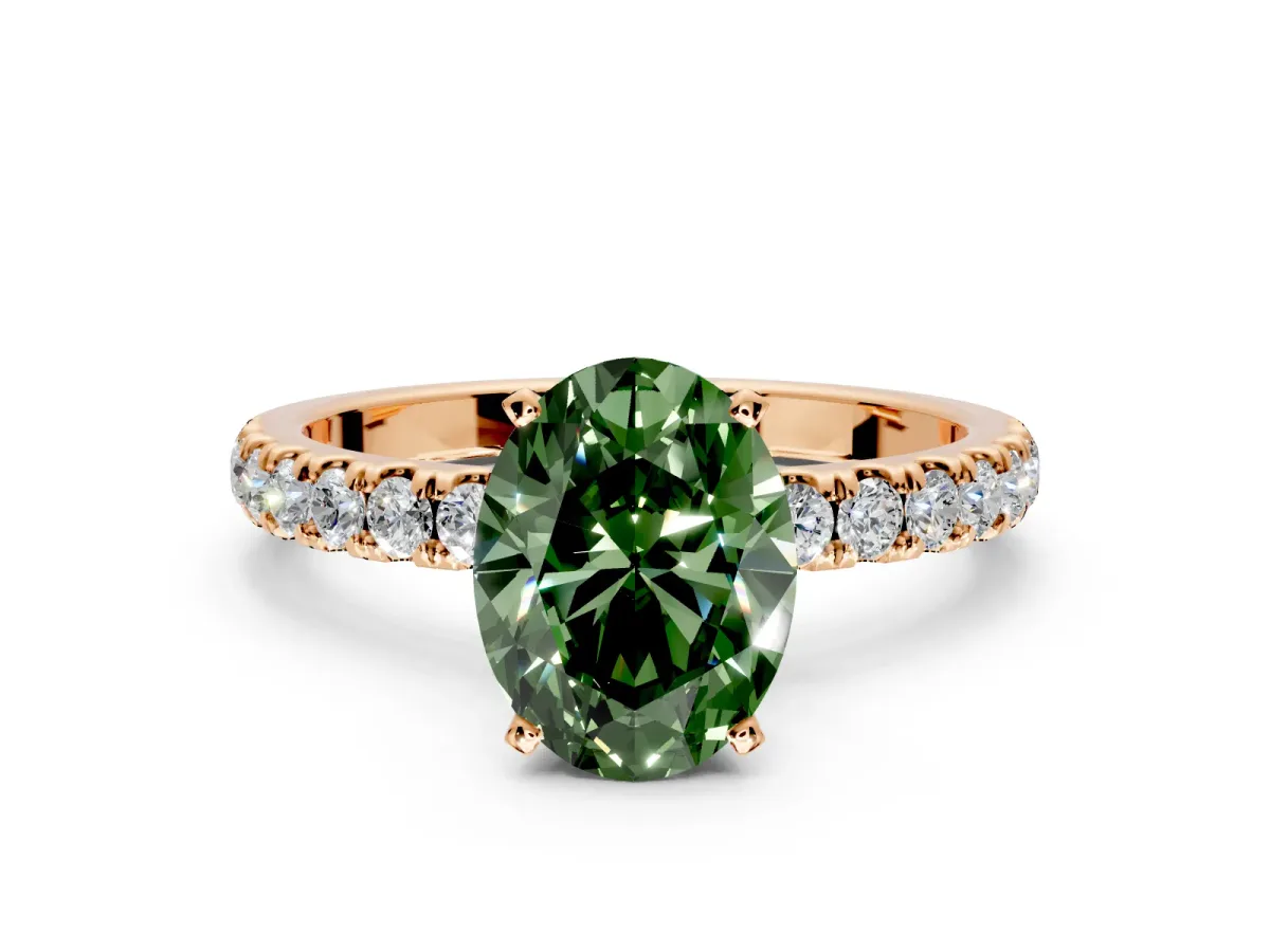 Open Basket Engagement Ring Setting for Fancy Green Oval Center with Pave Band and Prong Head in Rose Gold