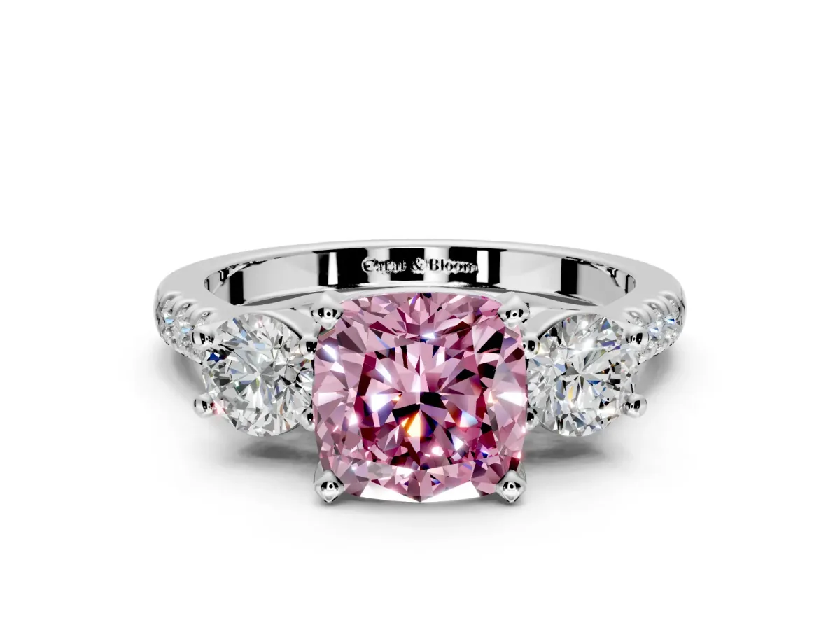 3 Stone Engagement Ring Setting for Fancy Pink Cushion Cut Center with Crossover Basket, Pave Band and Prong Head in Sterling Silver