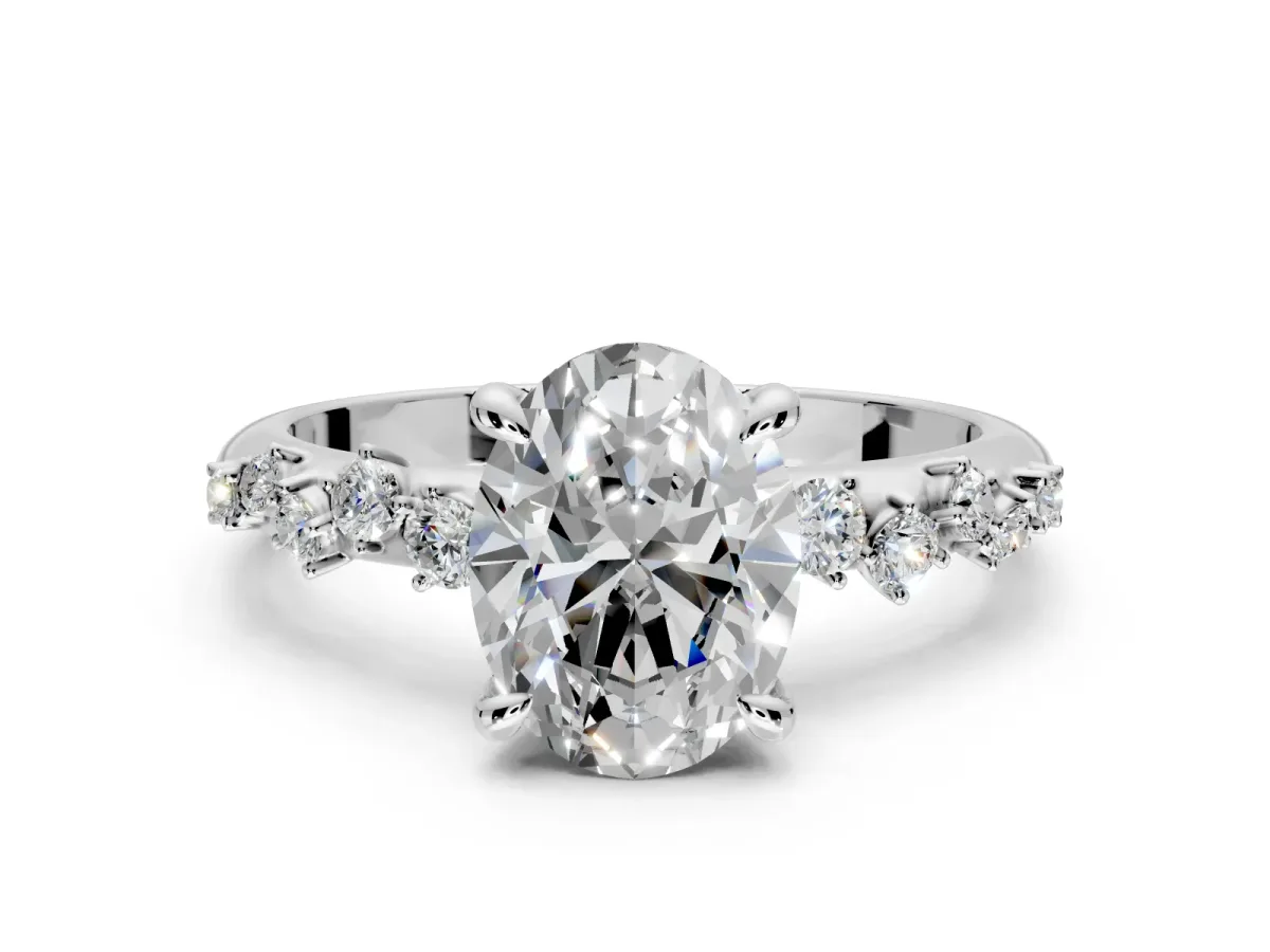 Solitaire Engagement Ring Setting for Oval Center with Trailing Leaf Accent Band and Prong Head in White Gold