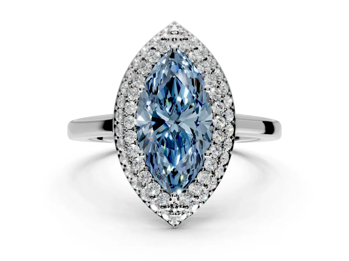 Halo Engagement Ring Setting for Fancy Blue Marquise Center with Plain Tapered Band and Prong Head in Platinum