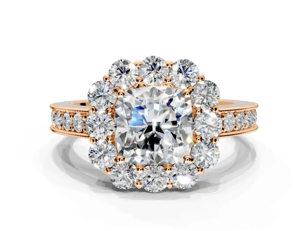 Halo Engagement Ring Setting for Cushion Cut Center with Milgrain Channel Band and Prong Head in Rose Gold