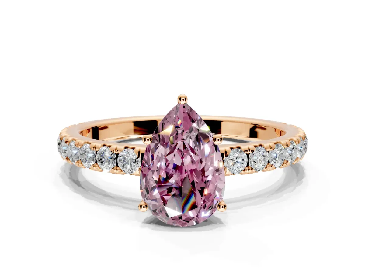 Solitaire Engagement Ring Setting for Fancy Pink Pear-Shaped Center with Large Accent Band and Prong Head in Rose Gold