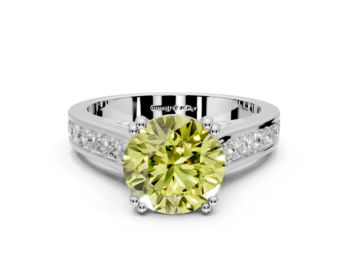 Solitaire Engagement Ring Setting for Fancy Yellow Round Cut Center with Channel Band and Double Claw Prong Head in Platinum