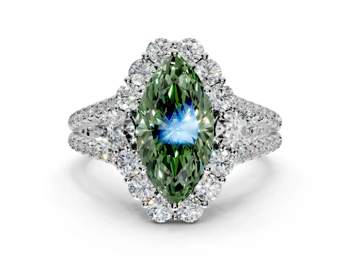 Halo Engagement Ring Setting for Fancy Green Marquise Center with Two-Strand Split Shank and Prong Head in Sterling Silver