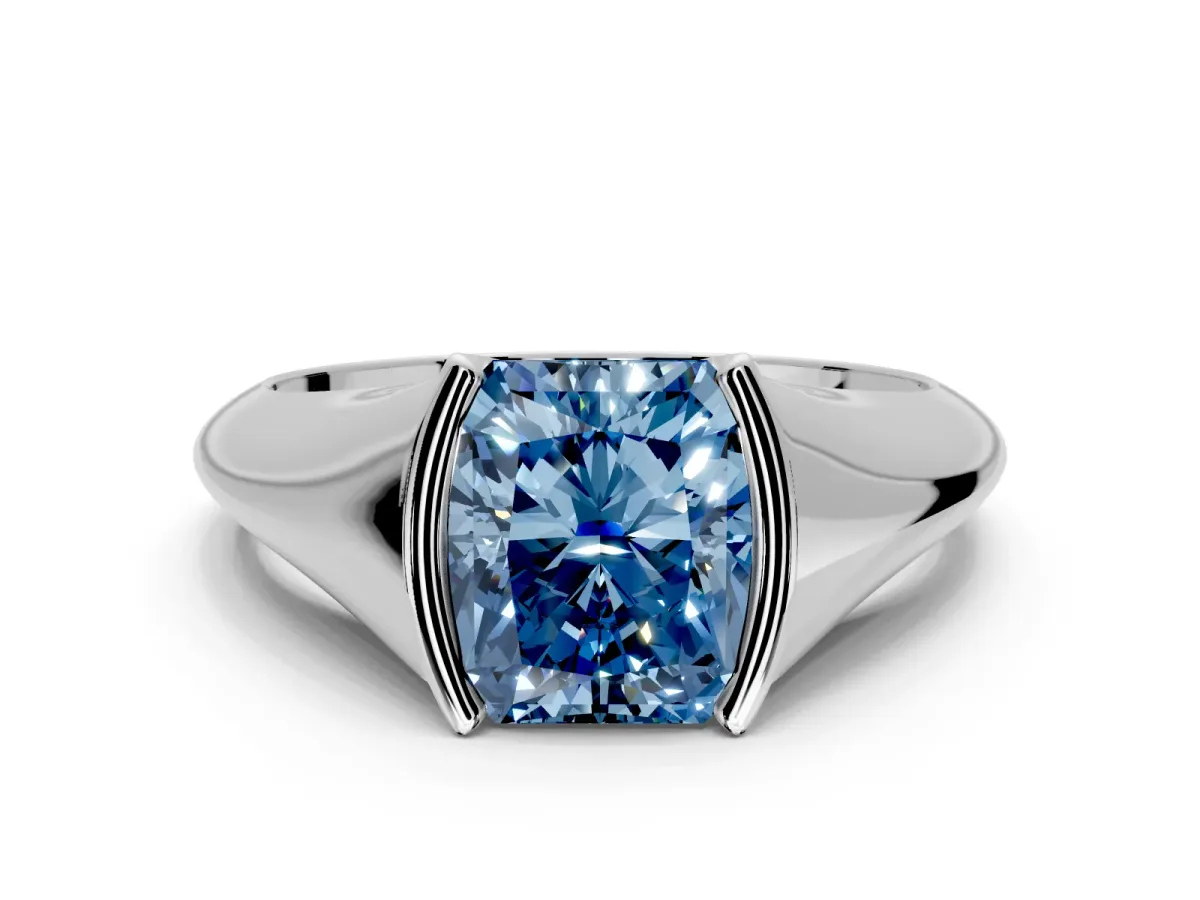 Tension Engagement Ring Setting for Fancy Blue Radiant Cut Center with Wide Tapered Band and Tension Head in White Gold