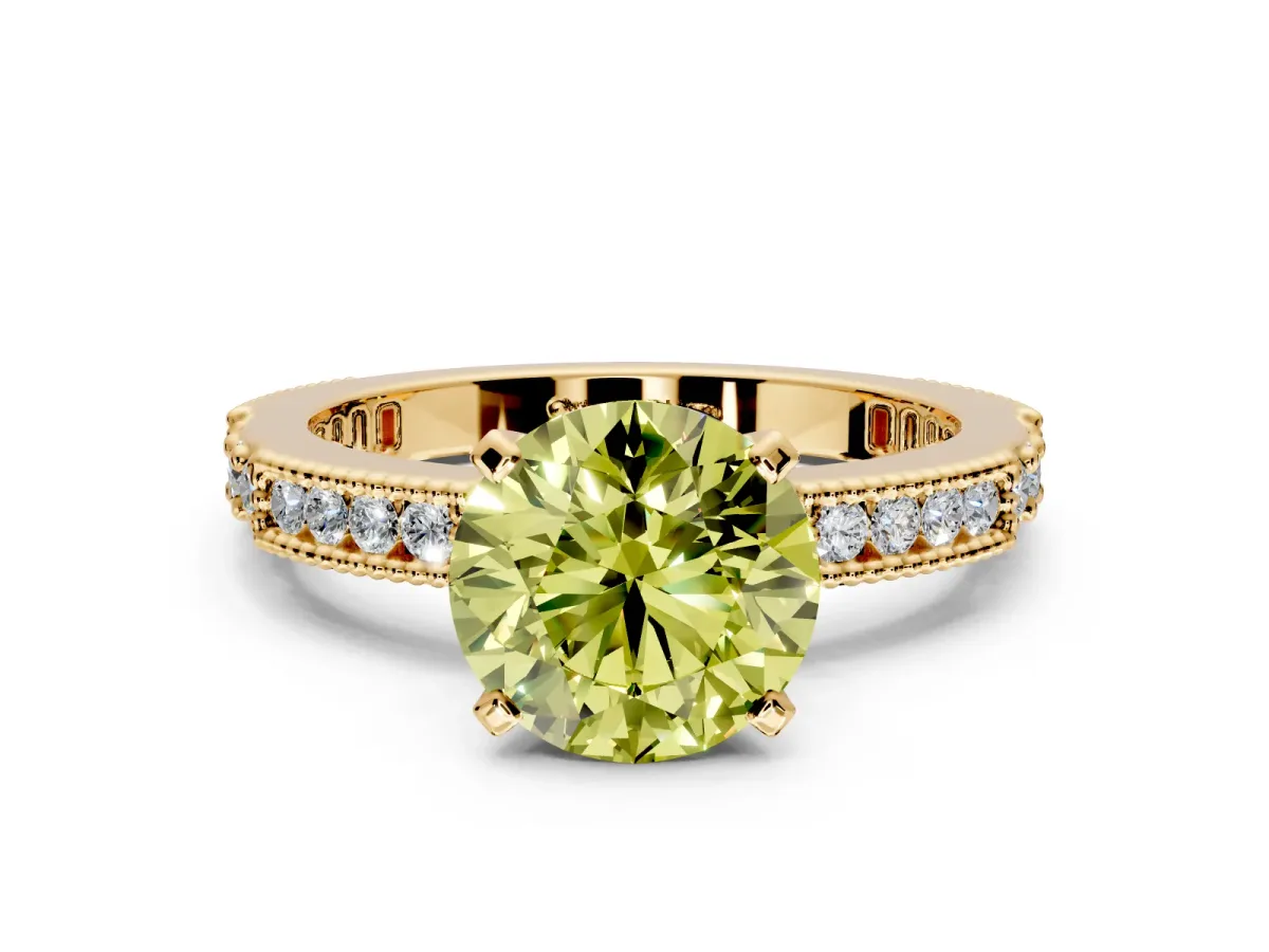 Solitaire Engagement Ring Setting for Fancy Yellow Round Cut Center with Milgrain-Edged Pave Band and Prong Head in Yellow Gold