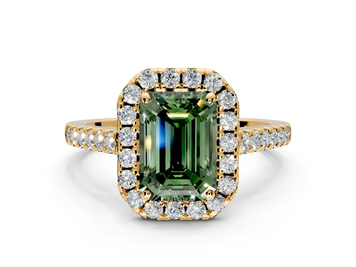 Halo Engagement Ring Setting for Fancy Green Emerald Cut Center with Narrowing Pave Band and Prong Head in Yellow Gold