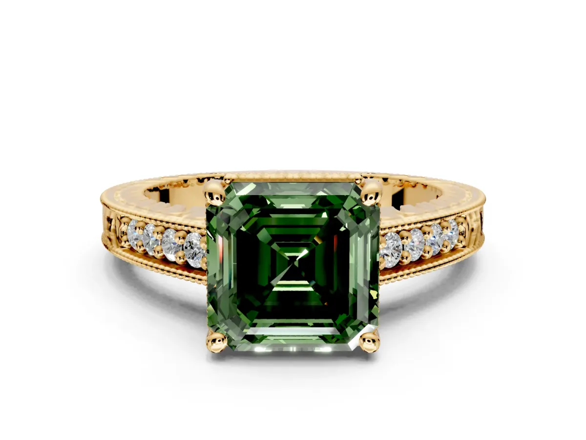 Engraved Engagement Ring Setting for Fancy Green Asscher Cut Center with Milgrain Pave Band and Prong Head in Yellow Gold