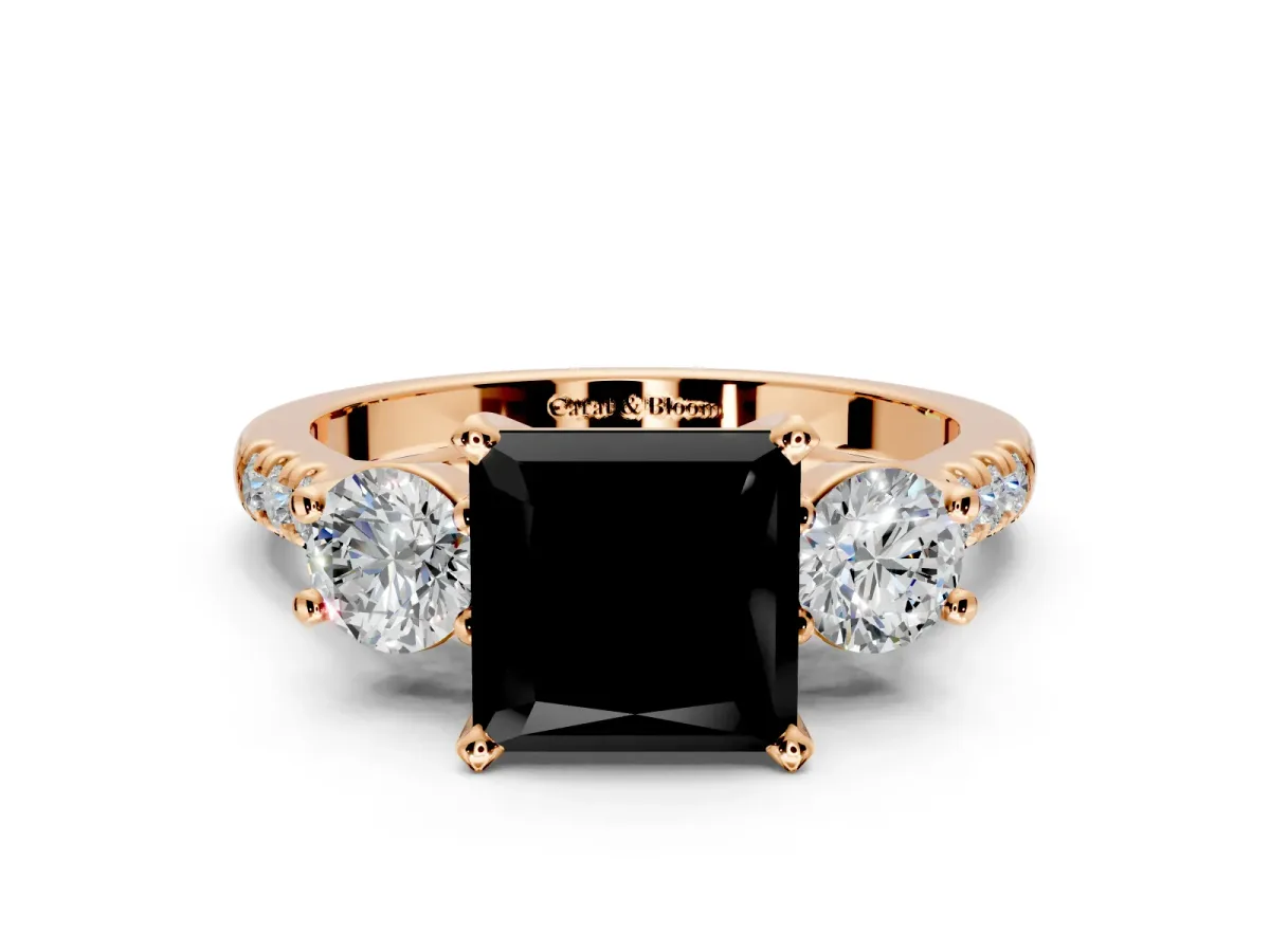 3 Stone Engagement Ring Setting for Fancy Black Princess Cut Center with Crossover Basket, Pave Band and Prong Head in Rose Gold