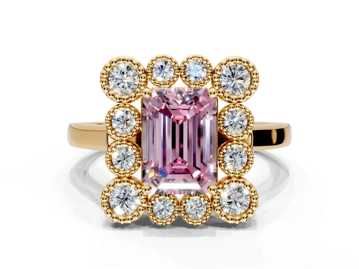 Cluster Halo Engagement Ring Setting for Fancy Pink Emerald Cut Center with Milgrain Bezel Accents and Prong Head in Yellow Gold