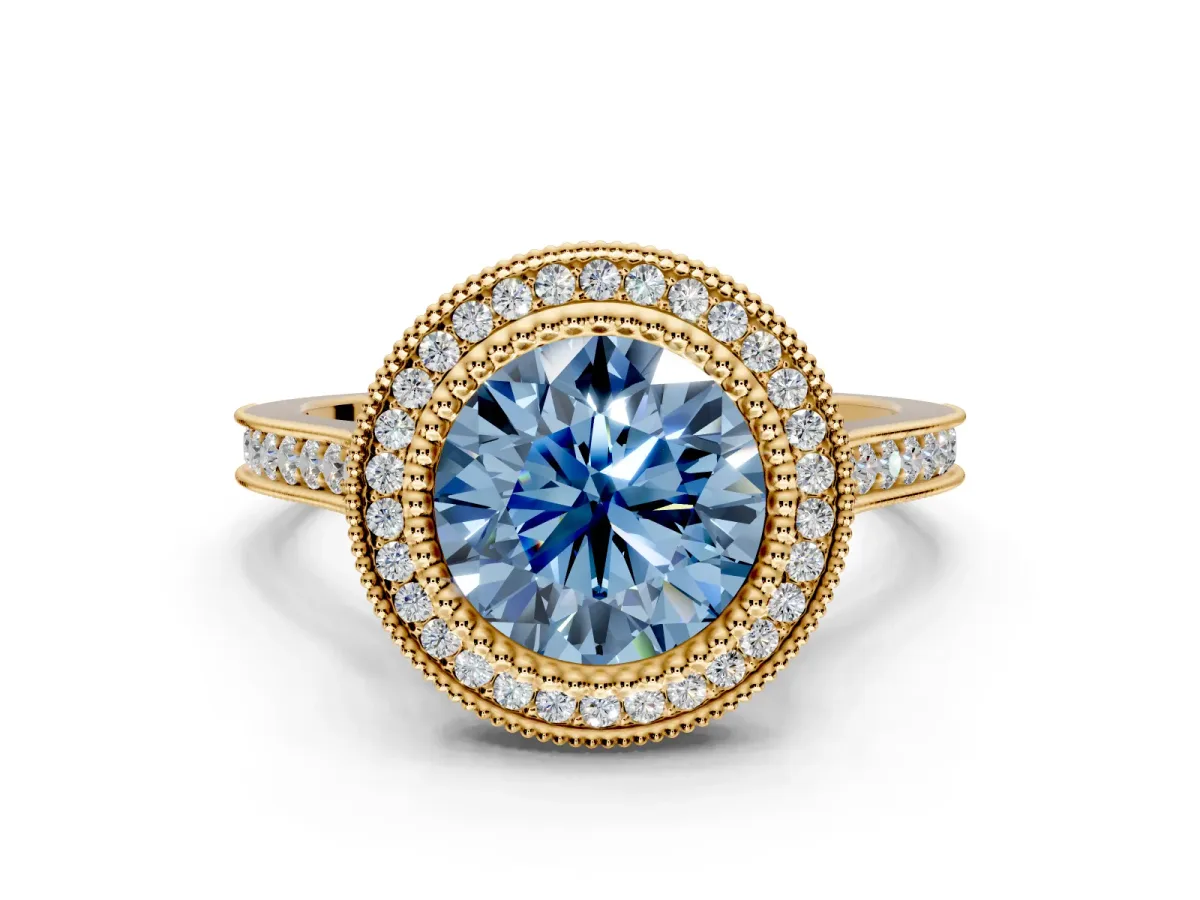 Halo Engagement Ring Setting for Fancy Blue Round Cut Center with Milgrain Frame, Pave Band and Prong Head in Yellow Gold