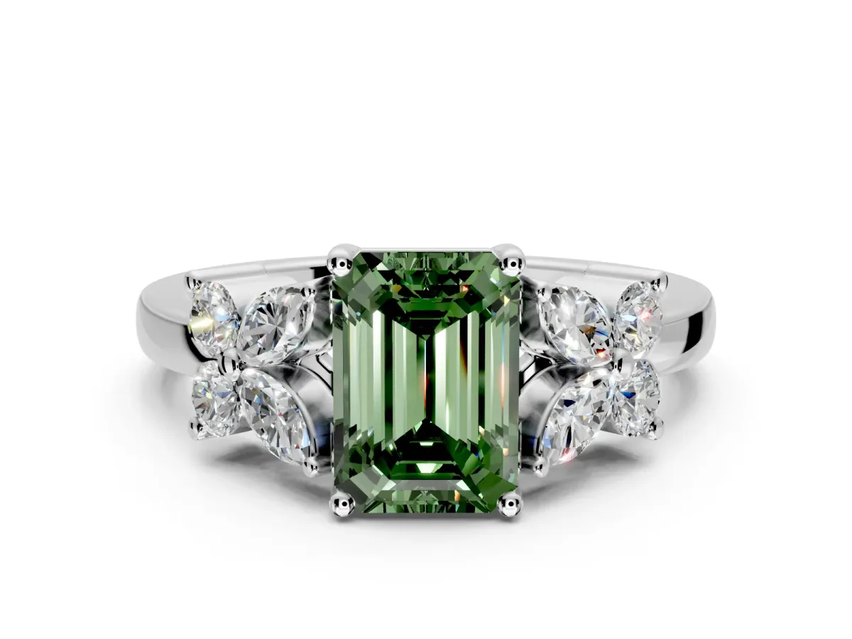 Floral Engagement Ring Setting for Fancy Green Emerald Cut Center with Marquise Cluster Shoulders and Prong Head in Platinum