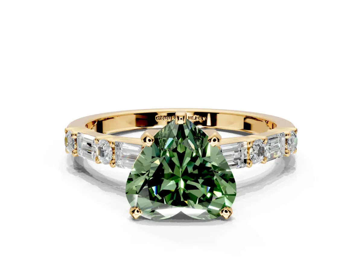 Baguette Engagement Ring Setting for Fancy Green Heart-Shaped Center with Alternating Bar-Set Band and Prong Head in Yellow Gold