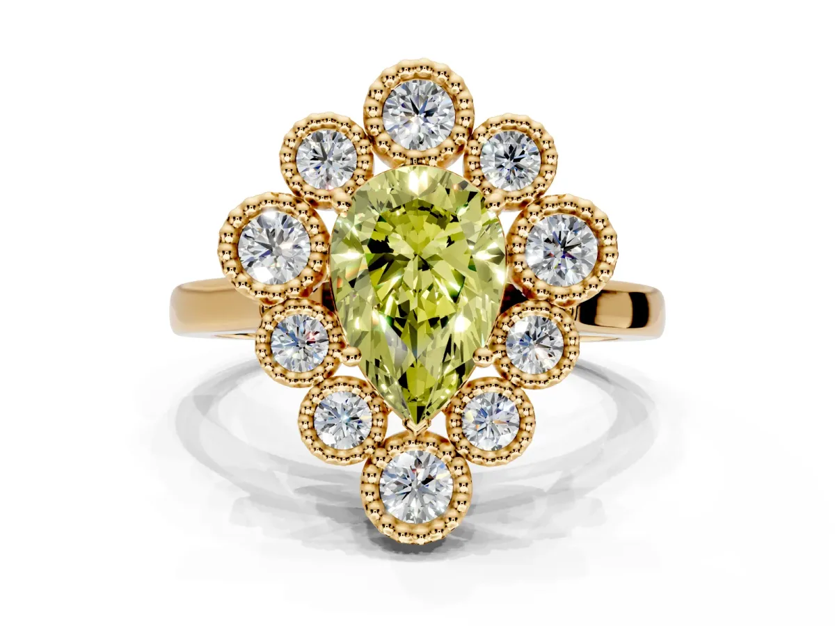 Cluster Halo Engagement Ring Setting for Fancy Yellow Pear-Shaped Center with Milgrain Bezel Accents and Prong Head in Yellow Gold