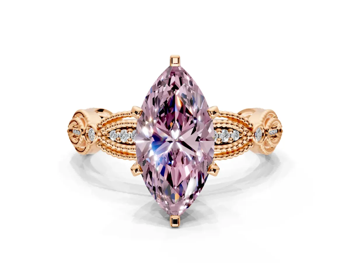 Solitaire Engagement Ring Setting for Fancy Pink Marquise Center with Marquise Panel Band and Prong Head in Rose Gold