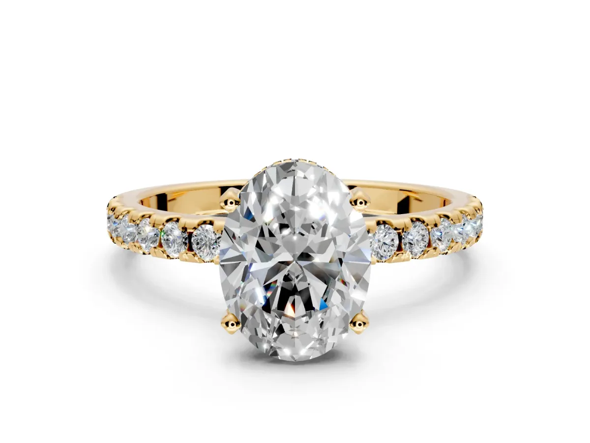 Solitaire Engagement Ring Setting for Oval Center with Band of Accents and Prong Head in Yellow Gold