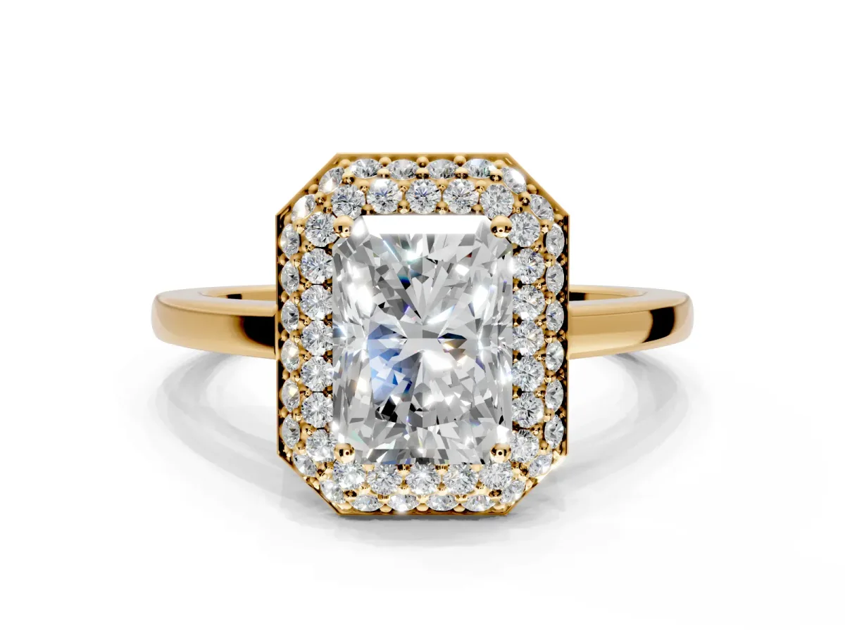 Halo Engagement Ring Setting for Radiant Cut Center with Plain Tapered Band and Prong Head in Yellow Gold