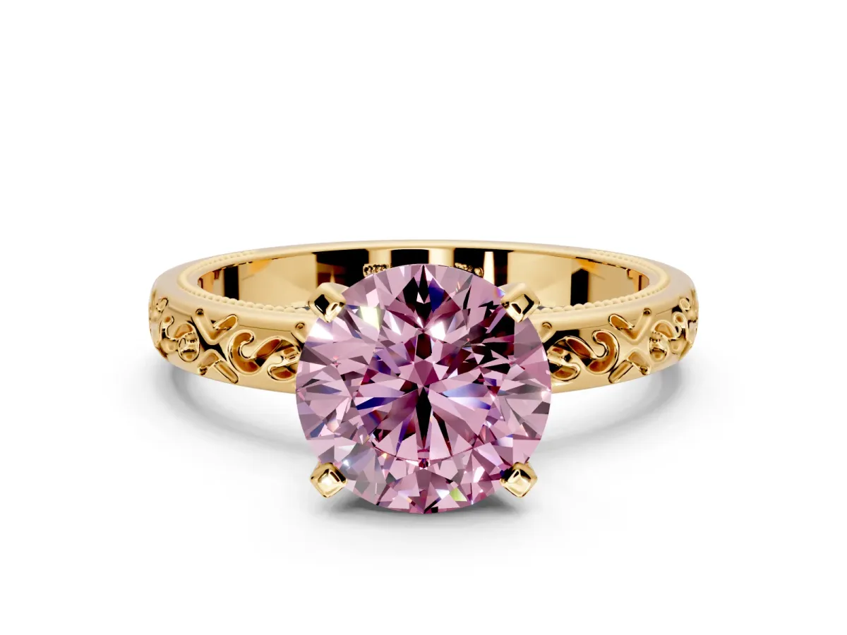 Solitaire Engagement Ring Setting for Fancy Pink Round Cut Center with Scrollwork Band and Prong Head in Yellow Gold