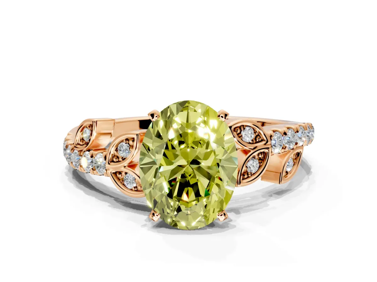 Leaf Motif Engagement Ring Setting for Fancy Yellow Oval Center with Pave Band and Prong Head in Rose Gold