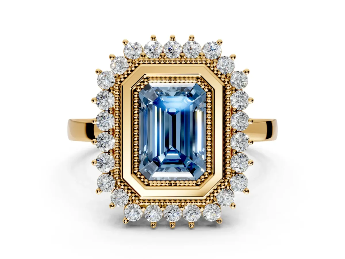 Halo Engagement Ring Setting for Fancy Blue Emerald Cut Center with Milgrain Bezel Rim, Plain Band and Prong Head in Yellow Gold