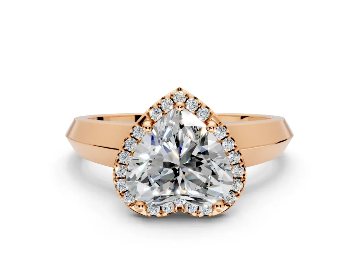 Halo Engagement Ring Setting for Heart-Shaped Center with Knife Ridge Cathedral Band and Prong Head in Rose Gold