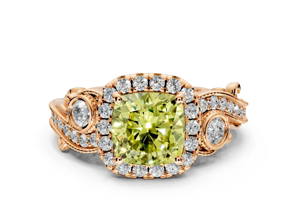 Milgrain Halo Engagement Ring Setting for Fancy Yellow Cushion Cut Center with Shoulder Bezels and Prong Head in Rose Gold