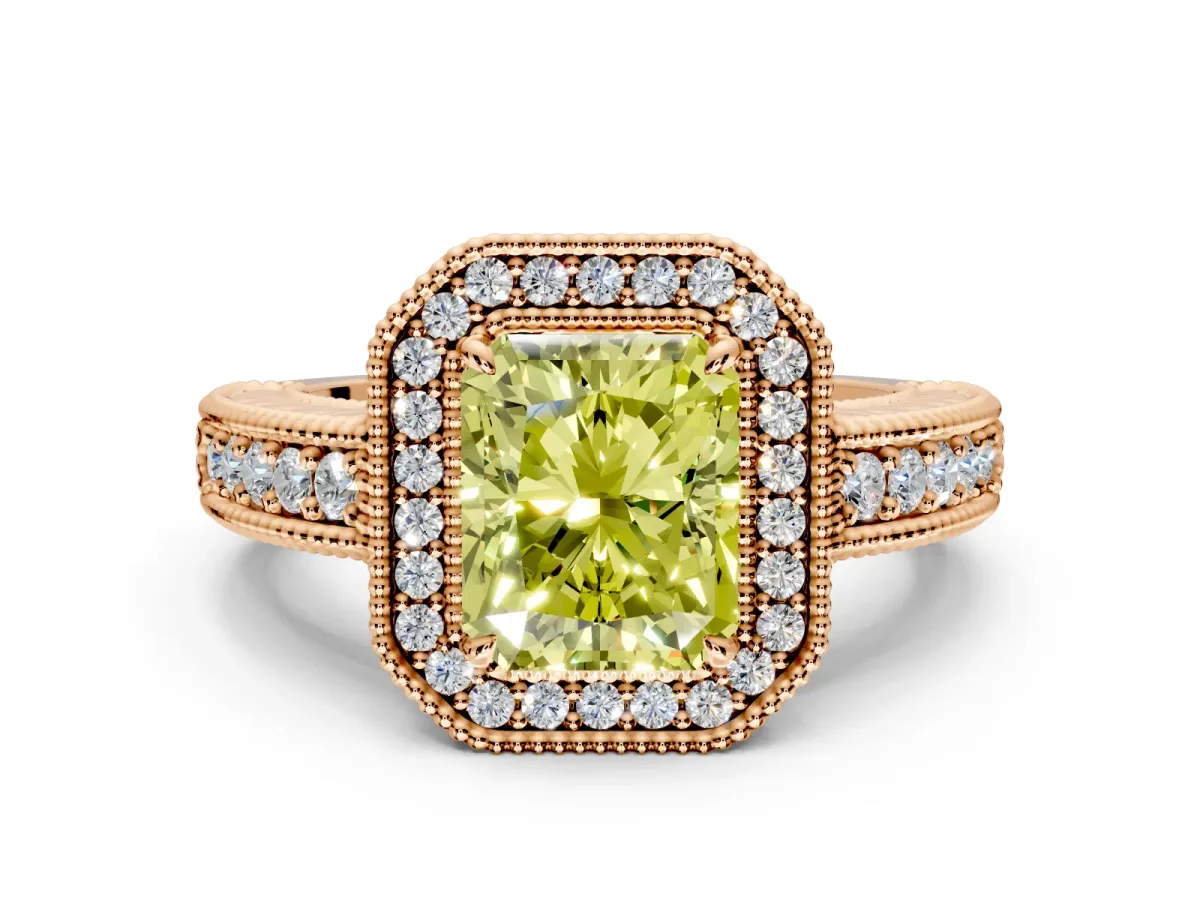 Milgrain Halo Engagement Ring Setting for Fancy Yellow Radiant Cut Center with Pave Band and Prong Head in Rose Gold