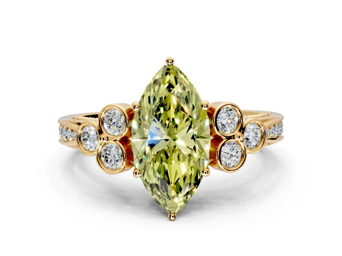 Cluster Engagement Ring Setting for Fancy Yellow Marquise Center with Bezel Accent Clusters and Prong Head in Yellow Gold