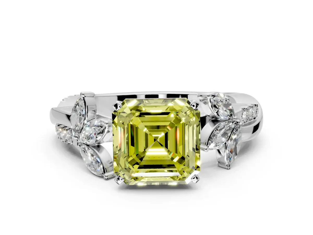 Floral Engagement Ring Setting for Fancy Yellow Asscher Cut Center with Trailing Marquise Accents and Prong Head in Platinum